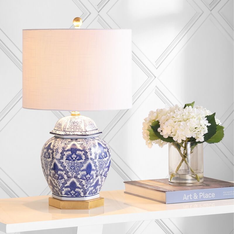 Gretchen 25" Ginger Jar Ceramic/Metal LED Table Lamp, Blue/White