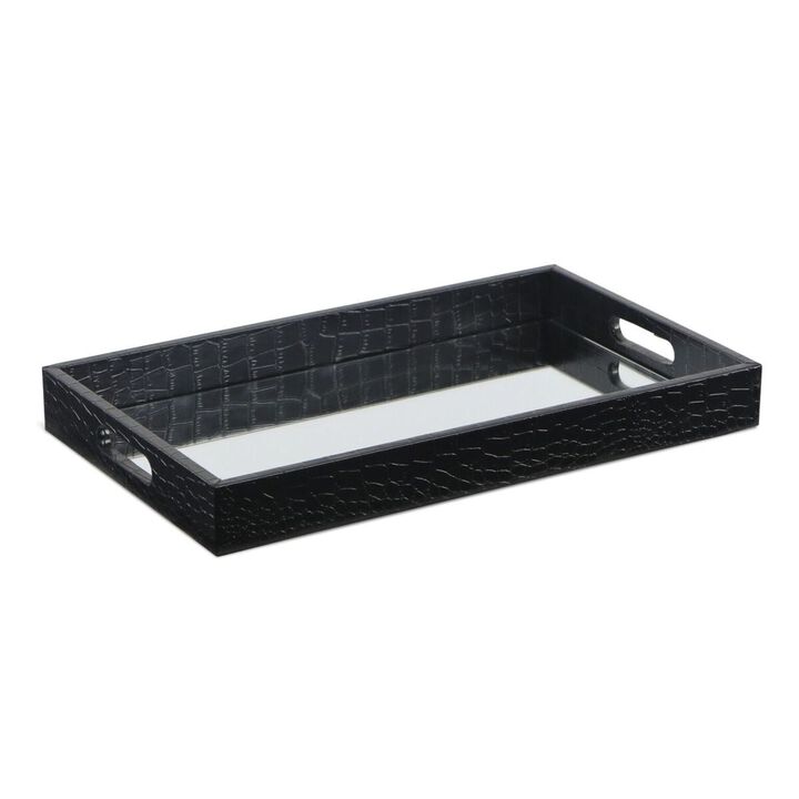 15.75" Black Alligator Skin Serving Tray with Beveled Mirror