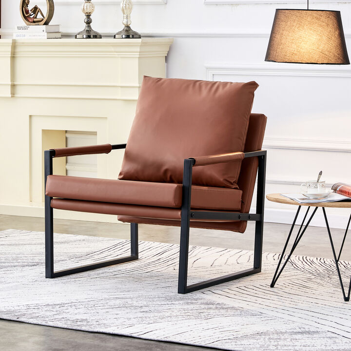 PU Leather Accent ARMCHAIR Mid Century Modern Upholstered Armchair with Metal Frame Extra-Thick Padded Backrest and Seat Cushion Sofa Chairs for Living Room (Brown PU Leather + Metal Frame + Foam)