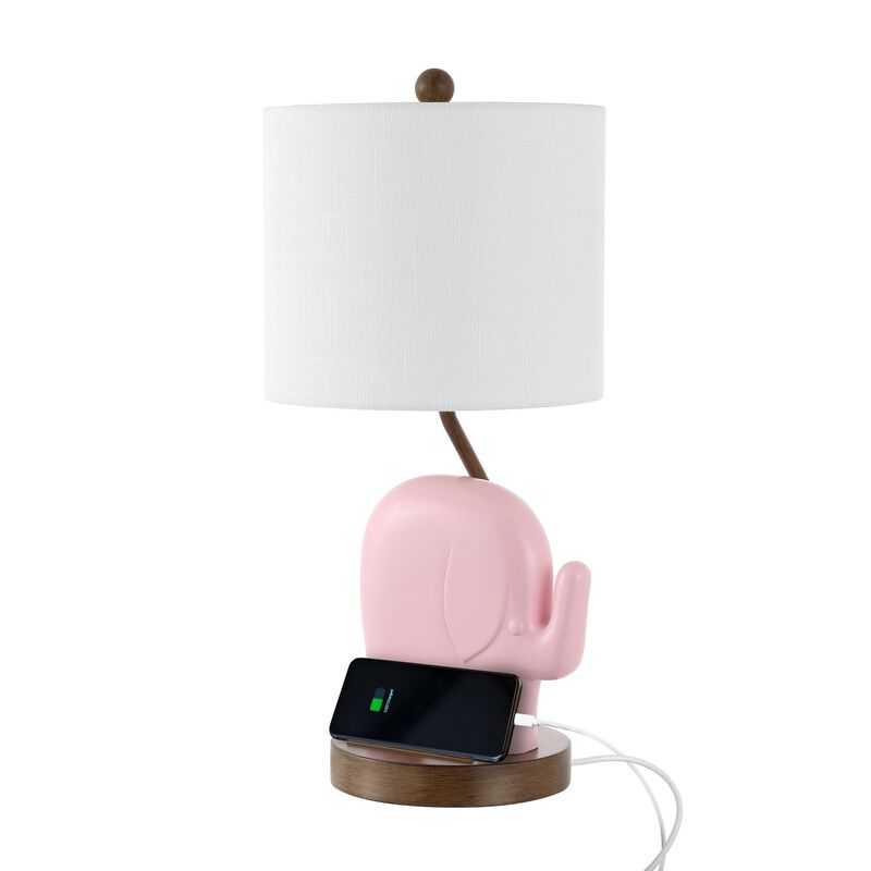 Ellie 20.25" Bohemian Designer Iron/Resin Elephant LED Kids' Table Lamp with Phone Stand and USB Charging Port, Pink