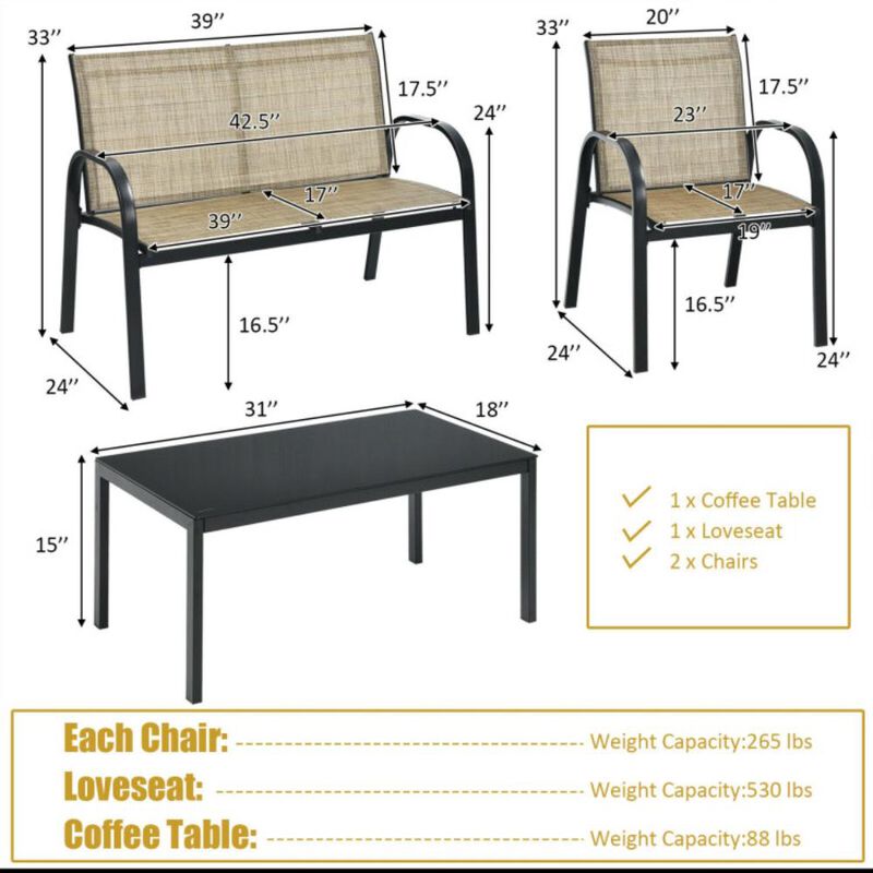 Hivvago 4 Pieces Patio Furniture Set with Glass Top Coffee Table