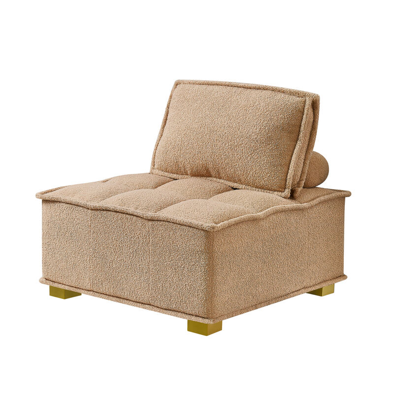 Lazy Sofa Ottoman With Gold Wooden Legs Teddy Fabric (Khaki)