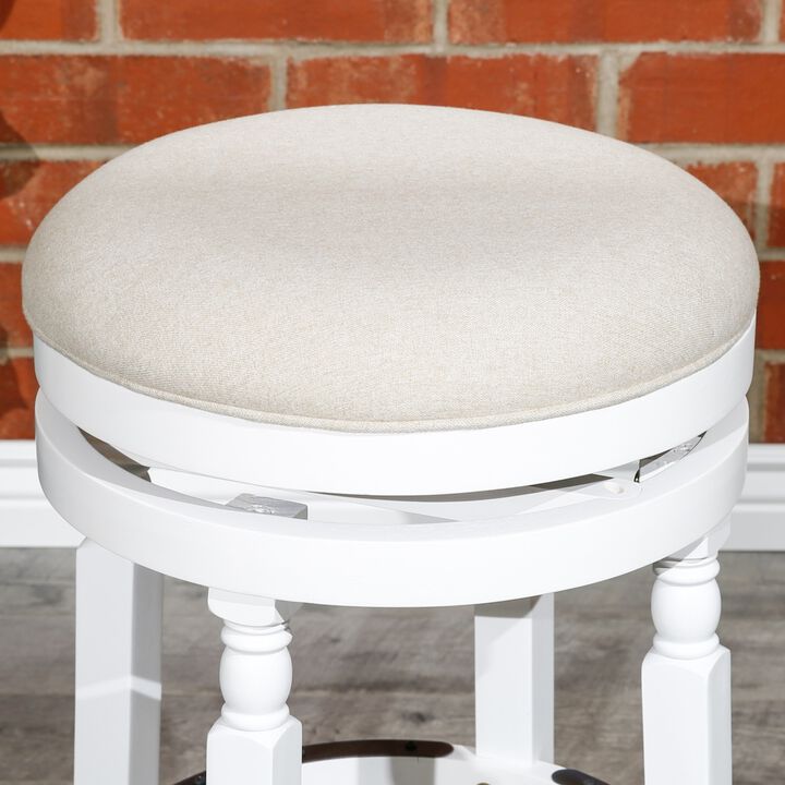 30" Barstool, White Finish, Beige Fabric Seat