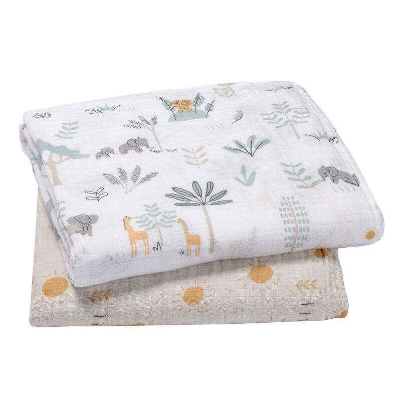 Lambs & Ivy Jungle Adventure 2-Pack Cotton Muslin Newborn Baby Swaddle Blankets