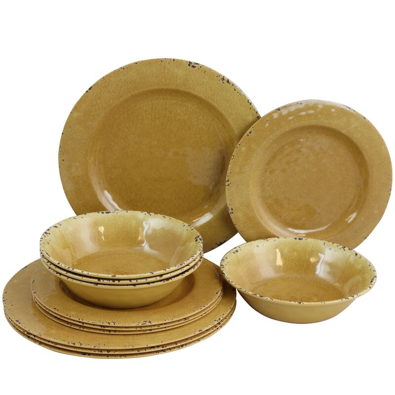 Studio California Melamine Mauna 12-Piece Dinnerware Set in Yellow Crackle Look Decal