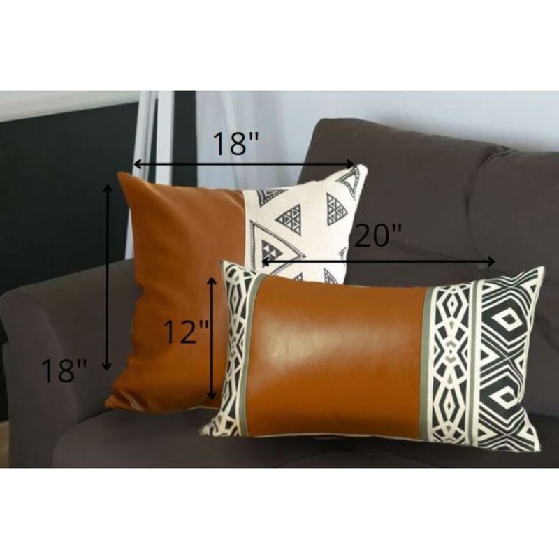 Homezia Set of 2 Brown Boho Faux Leather Throw Pillows