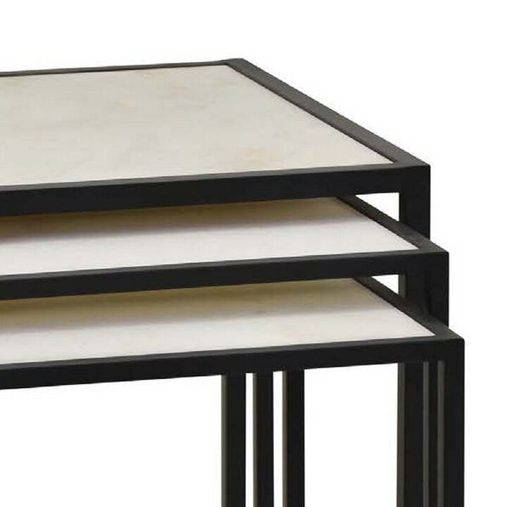 Plant Stand Table Set of 3, Nesting Open Black Metal Frame, White Top - Benzara