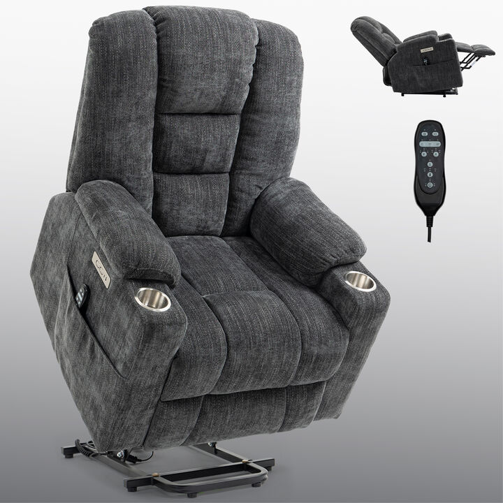 Heavy Duty Power Lift Recliner Chair for Elderly - Overstuffed Wide Seat with Massage & Heat, USB/Type-C Ports, 2 Cup Holders