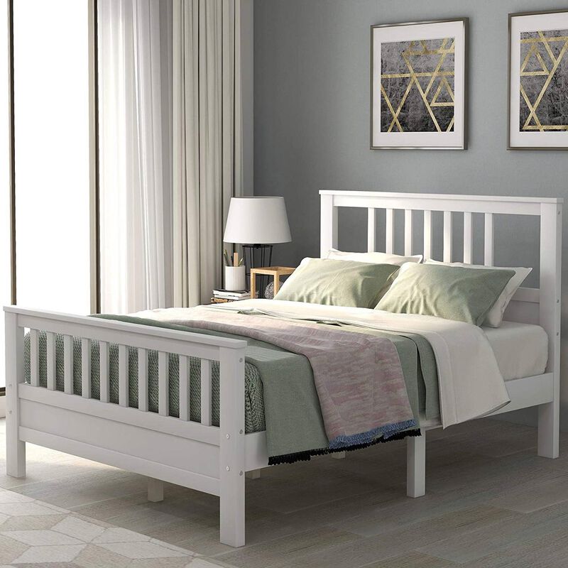 Hivvago White Pine Wood Slatted Platform Headboard Footboard Full Size Bed