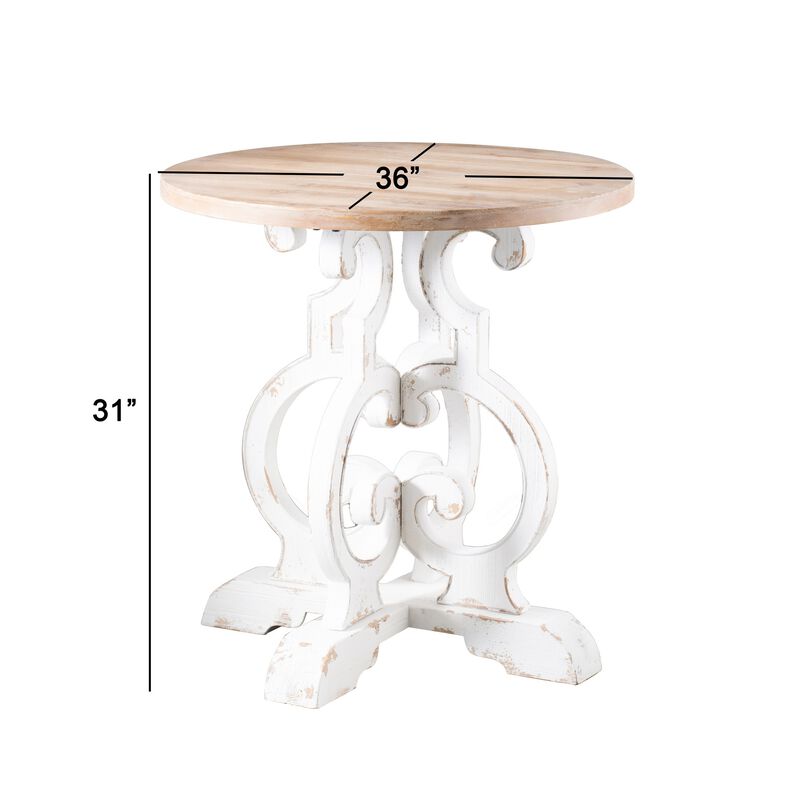36 Inch Round Table, Classic, Sculptural Base, Wood, Modern, White, Brown - Benzara
