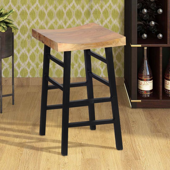 30 Inch Barstool with Saddle Style Wood Seat, Ladder Base, Brown and Black-Benzara