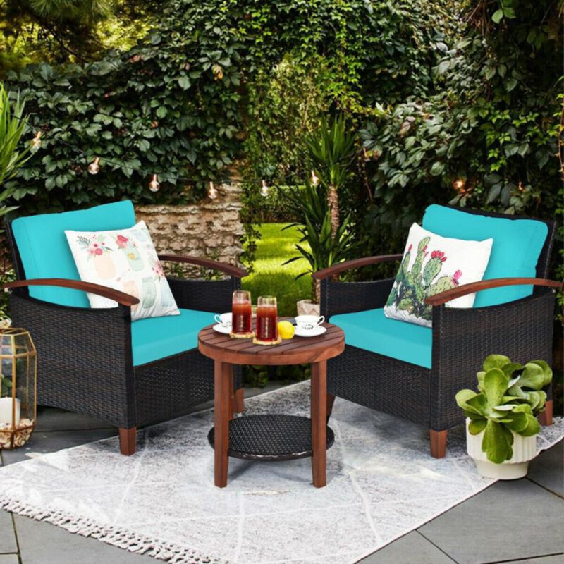 Hivvago 3 Pieces Patio Wicker Furniture Set with Washable Cushion and Acacia Wood Tabletop