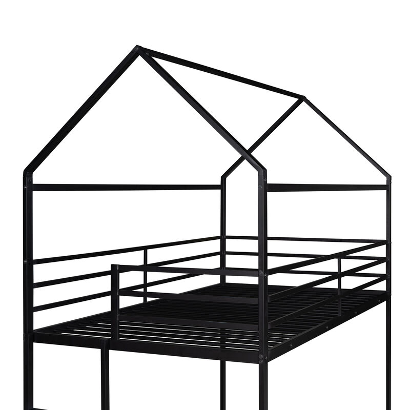 Bunk Beds for Kids Twin over Twin, House Bunk Bed Metal Bed Frame Built-in Ladder, No Box Spring Needed Black
