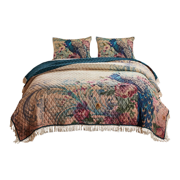 Ufa 36 Inch Quilted King Pillow Sham, Peacock Print, Vermicelli Stitching - Benzara