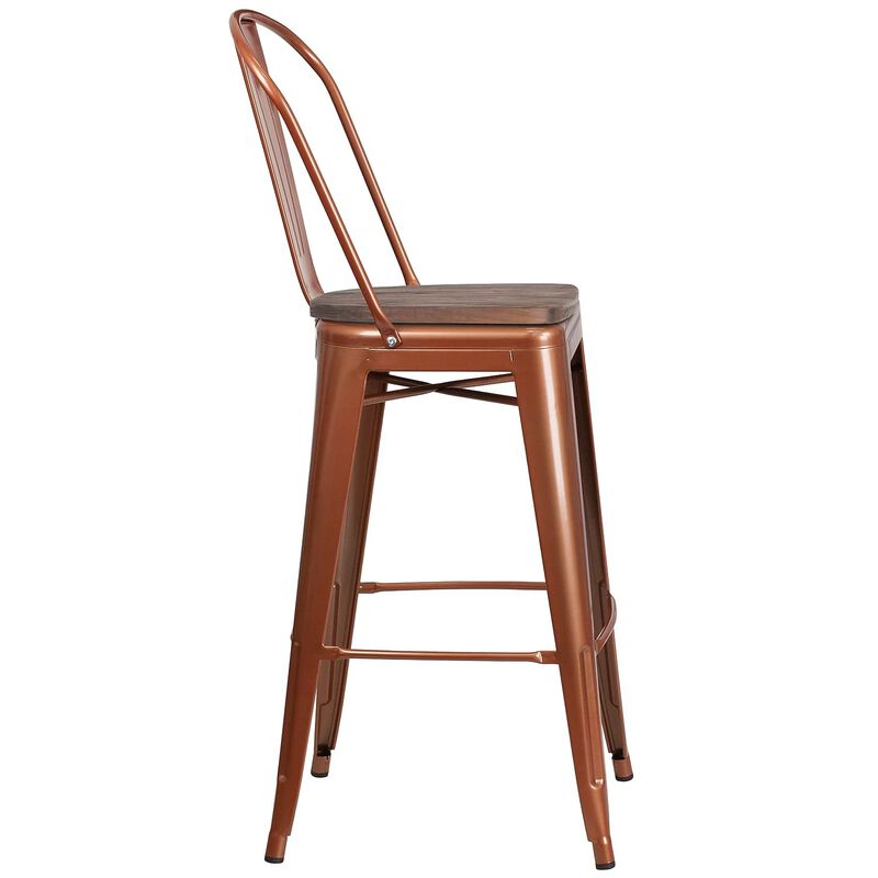 Flash Furniture 30" High Copper Metal Barstool with Back and Wood Seat