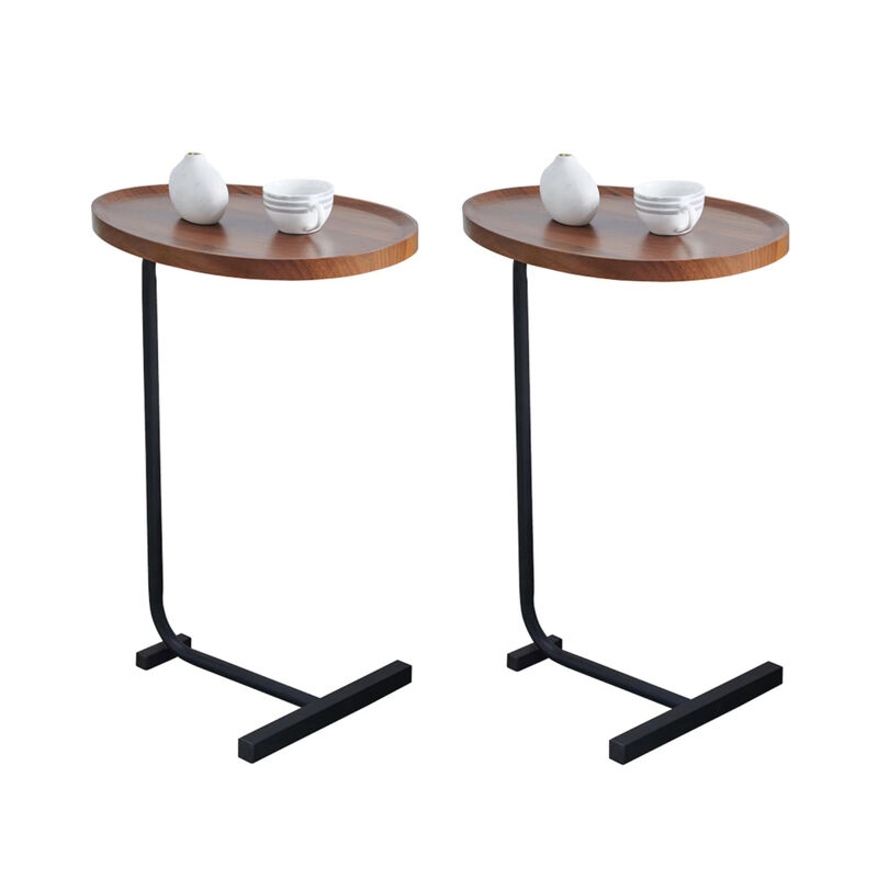 2 Pieces Brown Cshaped Side Table, Small Sofa Table For Small Spaces, Living Room, Bedroom