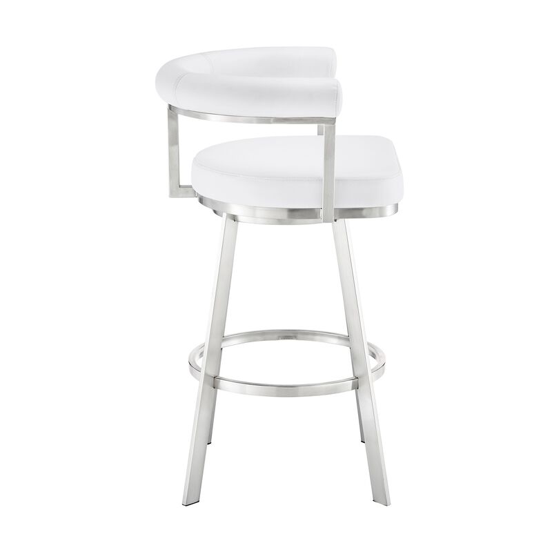 Weni 30 Inch Swivel Barstool Chair, Barrel Open Back, White, Steel Frame - Benzara