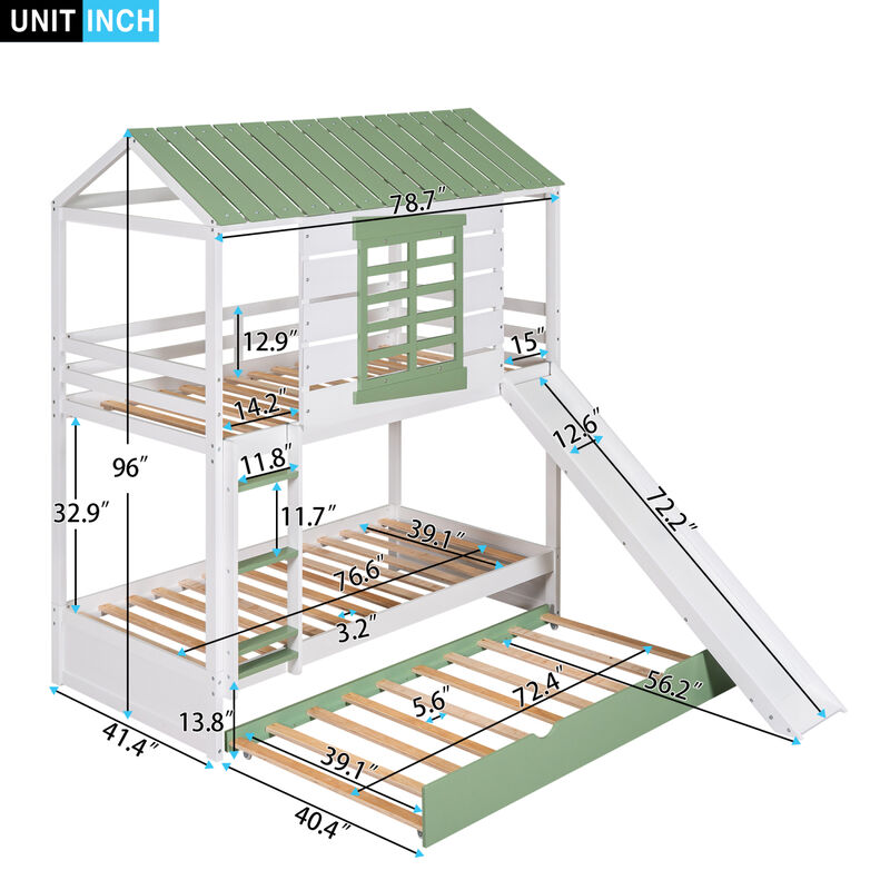 Twin Over Twin Size House Bunk Bed With Convertible Slide And Trundle