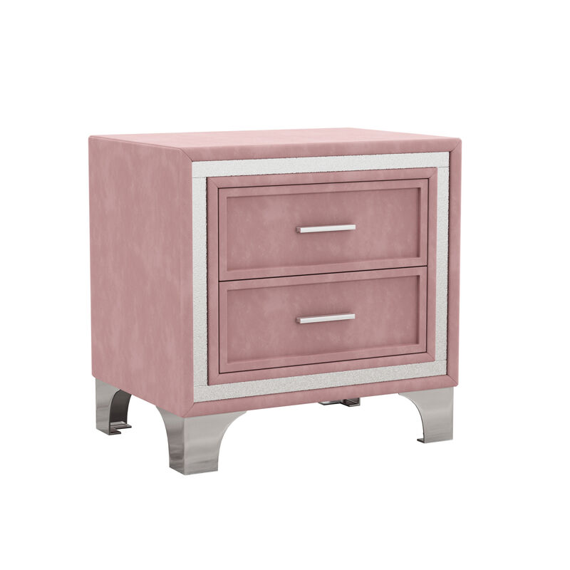 2Drawer Nightstand with Metal Legs for Bedroom, Mid Century Nightstand Fully Assembled Except Legs and Handles, Velvet Bedside Table Pink