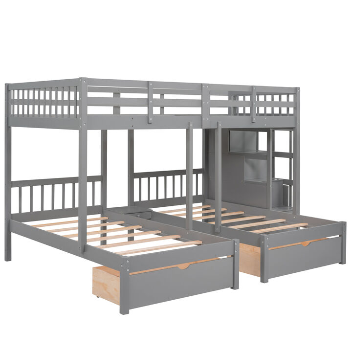 Full Over Twin & Twin Bunk Bed, Wood Triple Bunk Bed with Drawers and Guardrails (White)