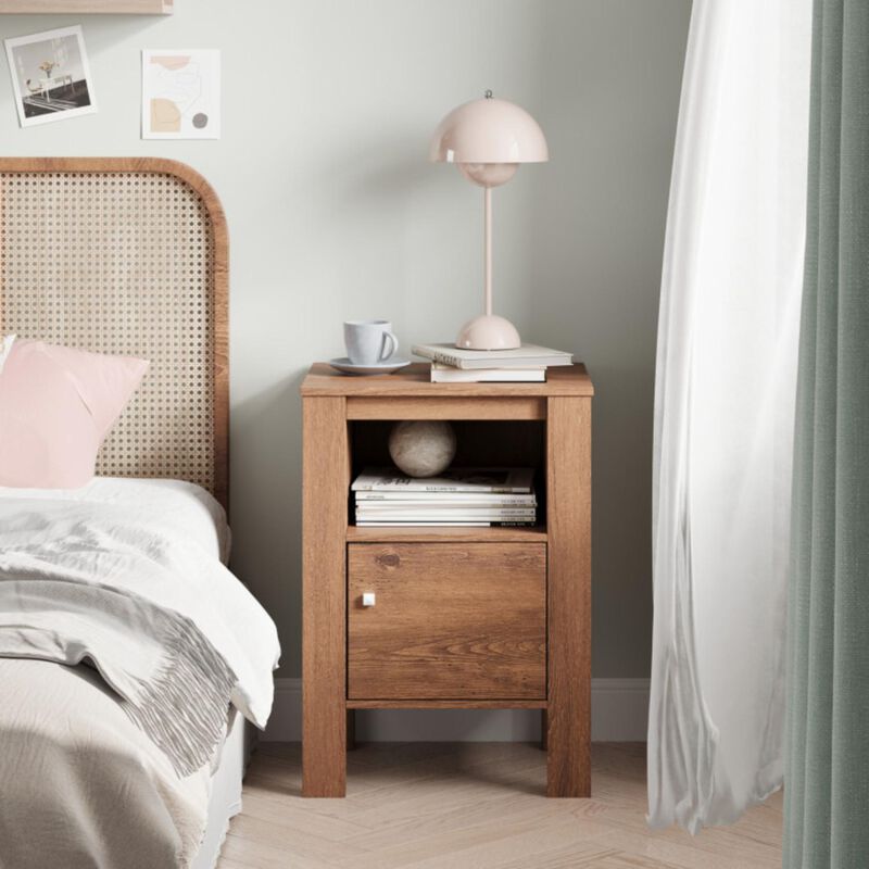 Hivvago Compact Floor Farmhouse Nightstand with Open Shelf and Cabinet