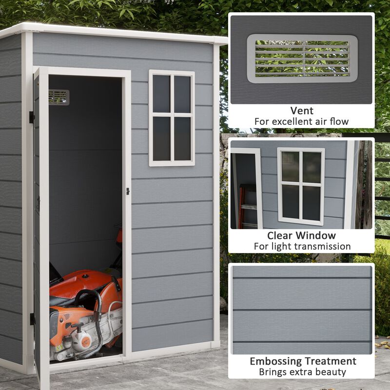 Outsunny Outdoor Storage Shed, 5' x 3' Garden Shed with Door, Lock, Vent, and Window, Plastic Utility Tool Shed for Backyard, Patio, Garage, Lawn, Gray