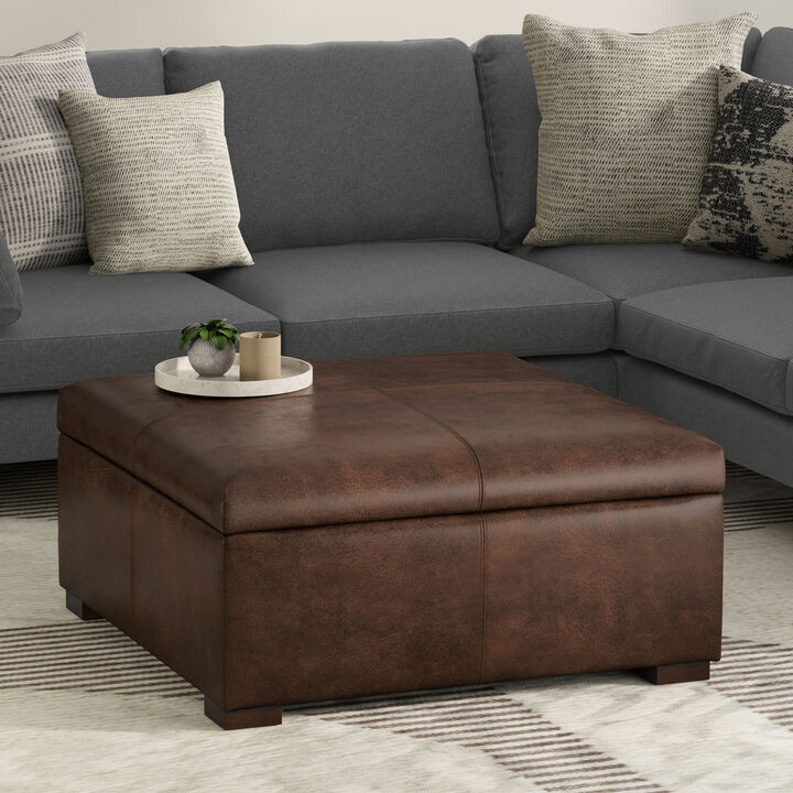 Gabbie 36 inch Wide Contemporary Square Square Coffee Table Storage Ottoman in Distressed Chestnut Brown Vegan Faux Leather, Assembled