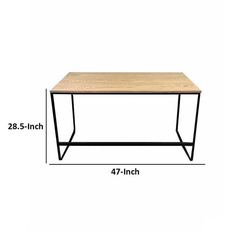 Evon 47 Inch Office Desk, Natural Brown Wood Top, Open Base, Black Metal - Benzara