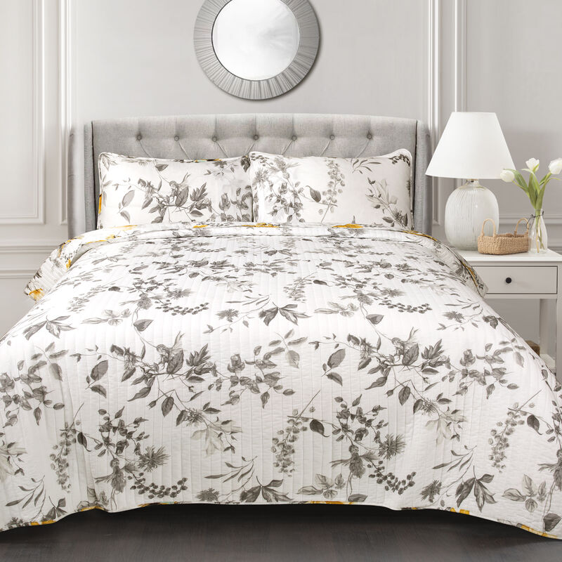 Penrose Floral Quilt Yellow/Gray 3Pc Set Full/Queen