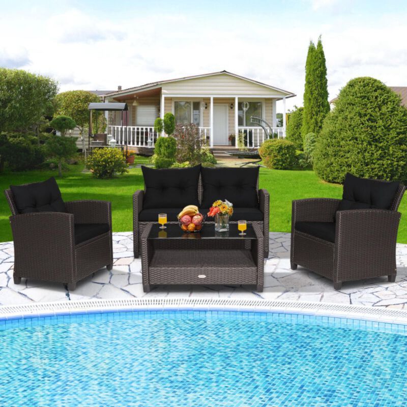 Hivvago 4 Pieces Patio Rattan Furniture Set with Tempered Glass Coffee Table