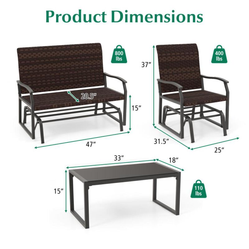 Hivvago 4 Piece Patio Gliding Set Wicker Swing Glider Furniture Set All Weather with Tempered Glass Coffee Table