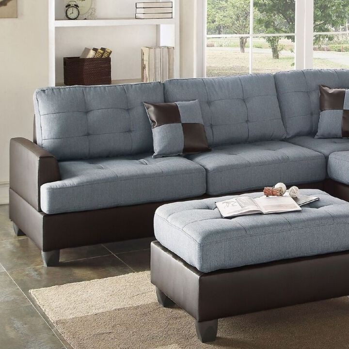 Contemporary Linen 3pc Set Sectional Sofa with Reversible Chaise Ottoman and Cushioned Tufted Design