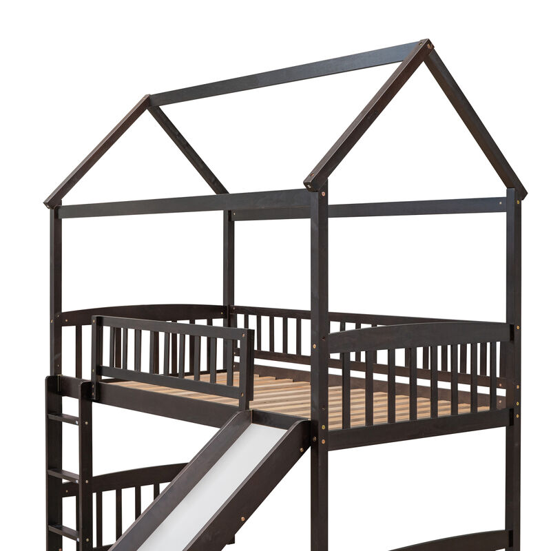 Twin Loft Bed with Slide, House Bed with Slide,Espresso