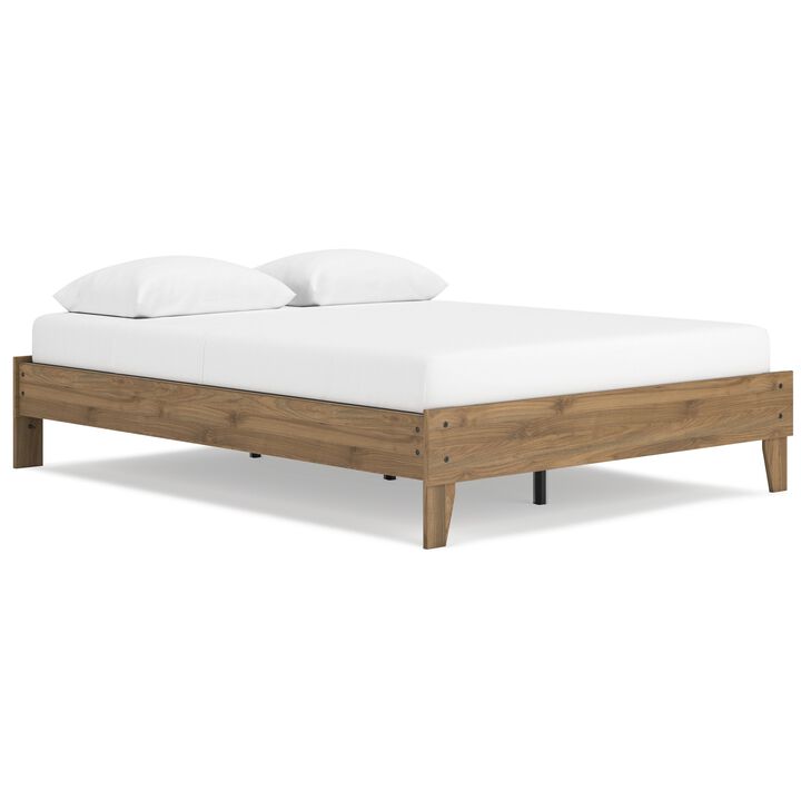 Deana Queen Platform Bed, Honey Brown Wood, Low Profile Tapered Legs - Benzara