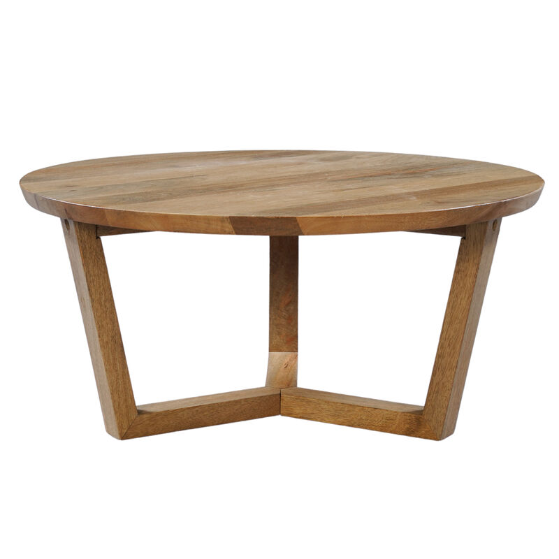 Vega 30 inch Round Mango Wood Coffee Table - Handcrafted Natural Brown, Sturdy 3-Leg Sled Base