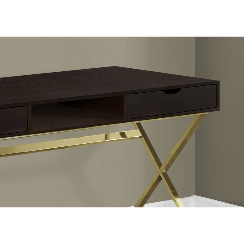 Monarch Specialties I 7210 Computer Desk, Home Office, Laptop, Storage Drawers, 48"L, Work, Metal, Laminate, Brown, Gold, Contemporary, Modern