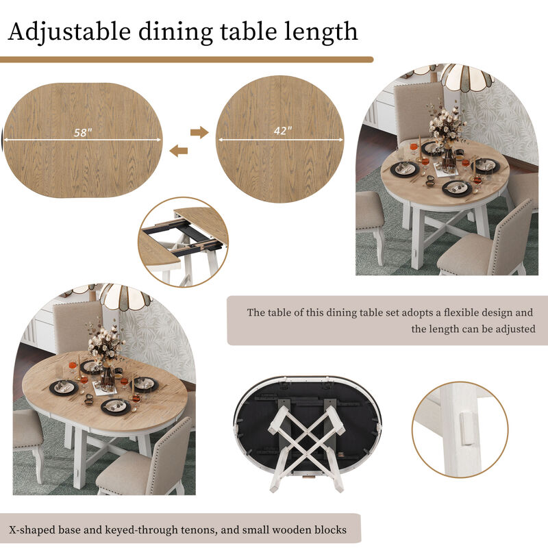Farmhouse Round Extendable Dining Table with 16" Leaf Wood Kitchen Table (Oak Natural Wood + Antique White)
