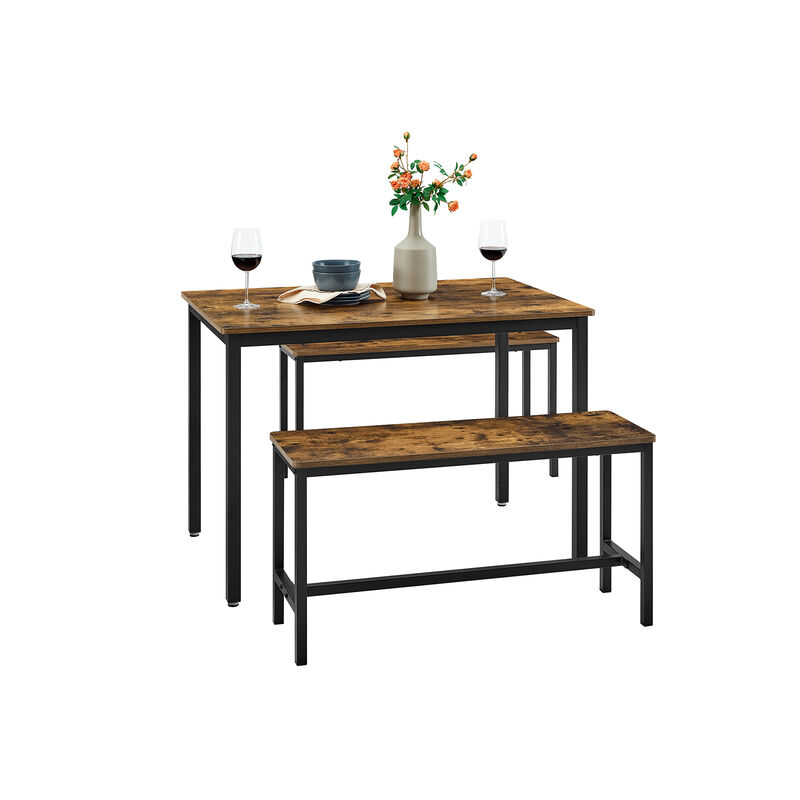 3-Piece Dining Table Set with Benches - Rustic Brown and Black