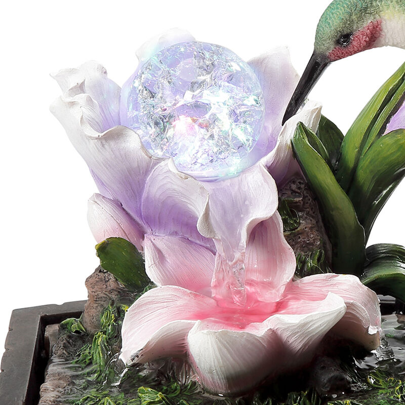 Eci 11 Inch Hummingbird Tabletop Fountain, Accent Crystal LED Light Ball - Benzara