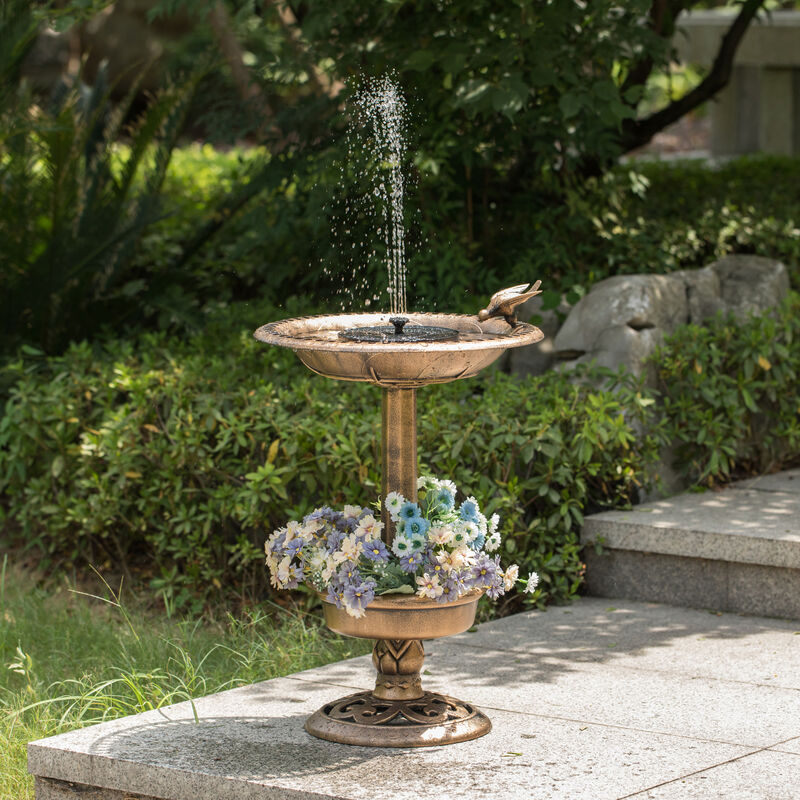 Outdoor Garden Bird Bath and Solar Powered Round Pond Fountain with Planter Bowl, Copper