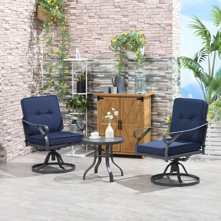 Blue 3 Pieces Outdoor Swivel Bistro Set, 2 Rocker Chairs and 1 Round Tempered Glass Table with Cushion, Porch and Garden Furniture