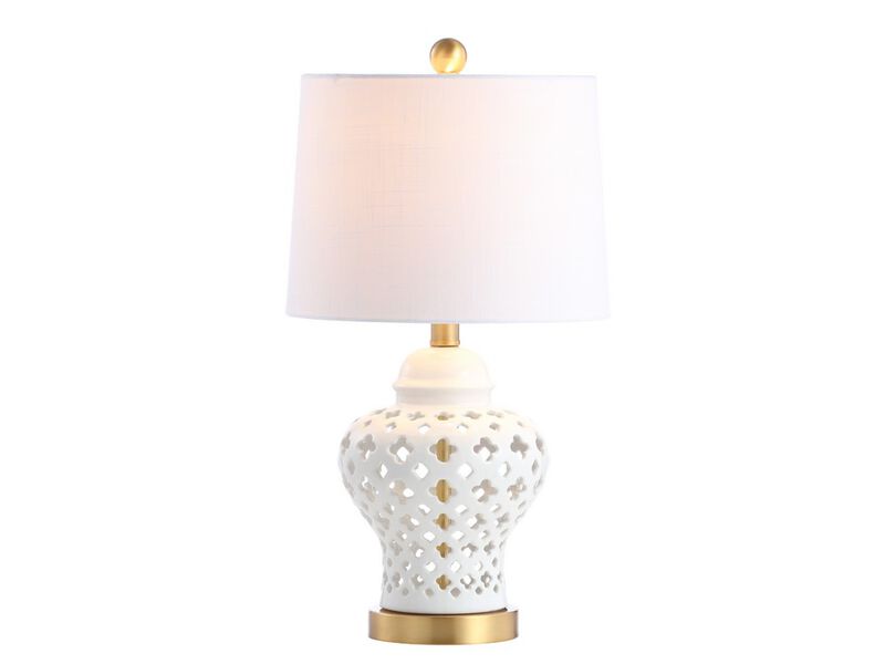 Quatrefoil Fretwork 20.5" Pierced Ginger Jar Ceramic/Metal LED Table Lamp, White