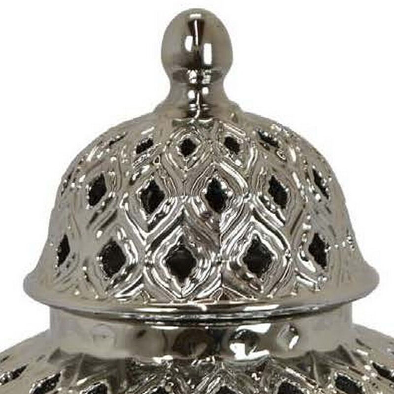 Deni 18 Inch Temple Jar, Pierced, Carved Lattice Design, Lid, Silver - Benzara