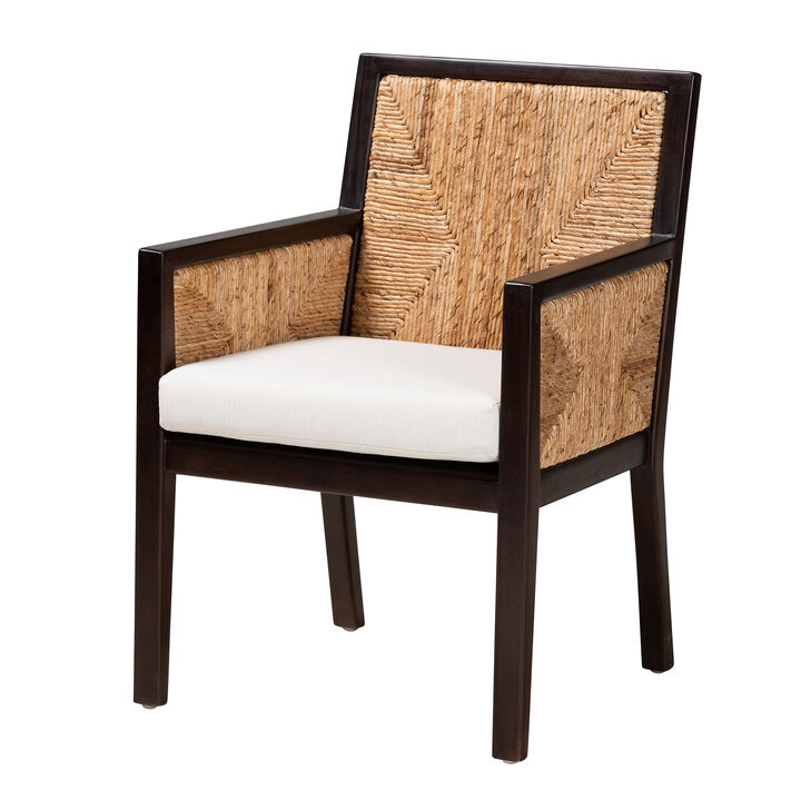 bali & pari Joana Modern Bohemian Dark Brown Mahogany Wood and Natural Seagrass Dining Arm Chair