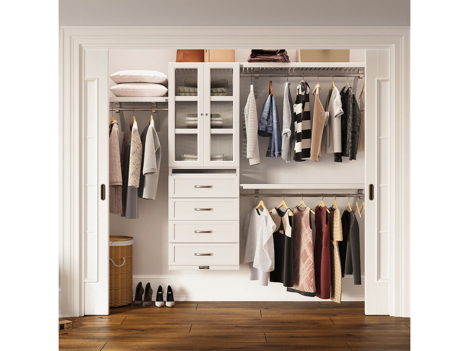 Solid Wood Reach-In Closet Organizer with 4 Shaker Style Drawers and Glass Doors