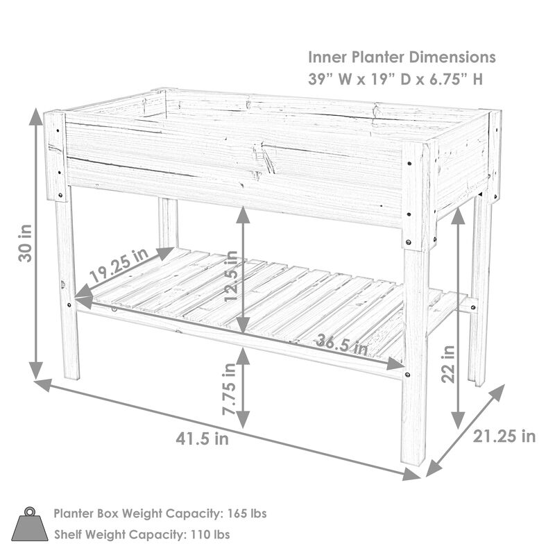 Sunnydaze 42" Raised Wooden Garden Bed with Lower Shelf