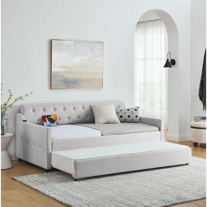 Twin Size Upholstery Day Bed with Twin Size Erectable Trundle and USB Charging Design, Linen Beige