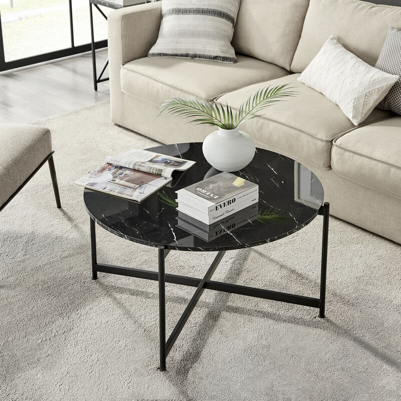 Round Contemporary Marble Finish Veneer Top Black Metal Large Coffee Table