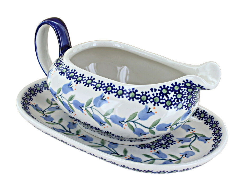 Blue Rose Polish Pottery Blue Butterfly Gravy Boat & Plate