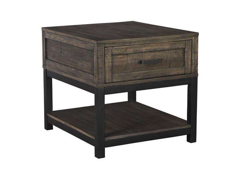 Two Tone Wooden End Table with 1 Drawer and Metal Base, Brown and Black-Benzara